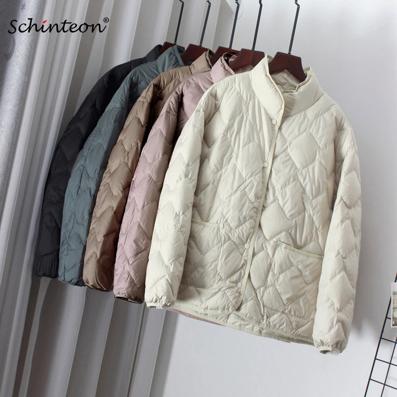 Schinteon Women Ultralight White Duck Down Jacket Autumn Winter Outwear Casual Argyle Stand Collar Simple Coat Korean Style 251022