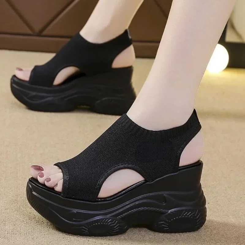 Womens Sandals 2024 Summer Wedge Heel Elastic Cloth Cover Foot Ladies Sandals Thick-soled Fashion Trifle Elevation Casual Shoes CL240806