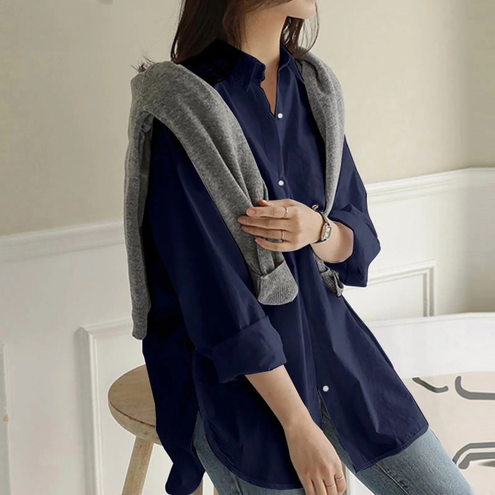 Fashion Casual Women Long Blouse WIth Buttons Oversize Loose V-Neck Long Sleeve Solid Shirts Office Ladies Elegant Business Tops 240823