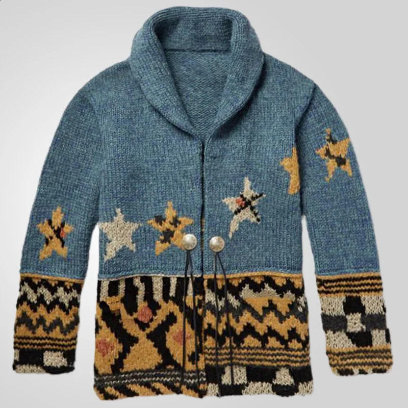 Mens casual sweater jacket autumn and winter jacquard knitted collar medium to long cardigan 240824