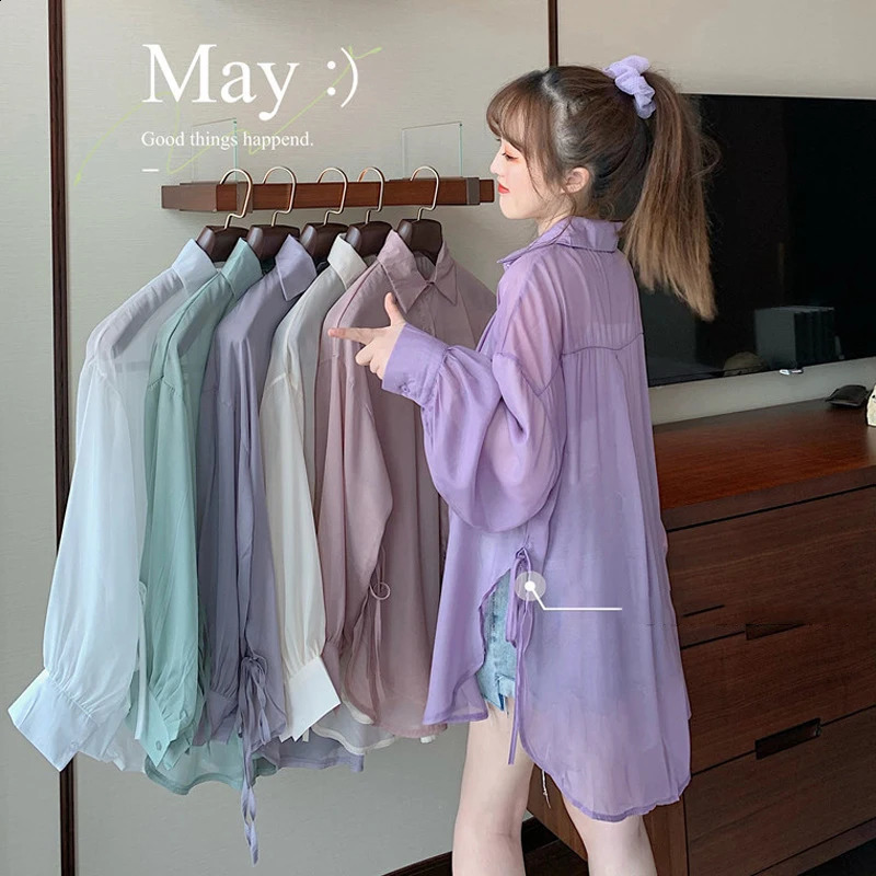 Sun Proof Shirts Women Oversized Sheer Sunscreen Blouses Harajuku Korean Beach Holiday White Long Sleeve Sunscreen Long Blouse 240823