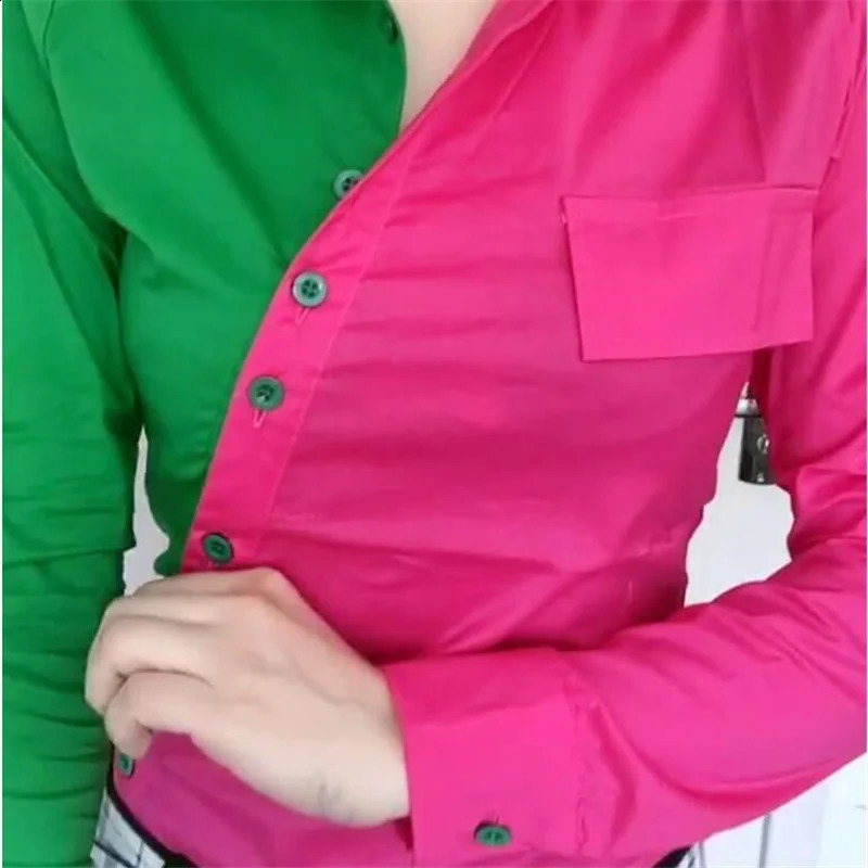Oblique Placket Chic Color Matching Blouses Women Shirt Lapel long sleeve Patchwork Color Contrast Streetwear Female Blusa Shirt 240823
