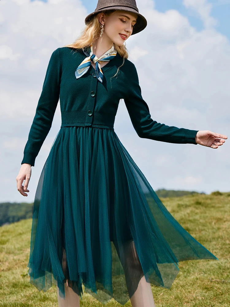 I BELIEVE YOU Knitted Dresses Autumn Winter Korean Vneck Long Sleeves Patchwork Mesh Dress Slim Midi Female Vestios 2214134094 240824