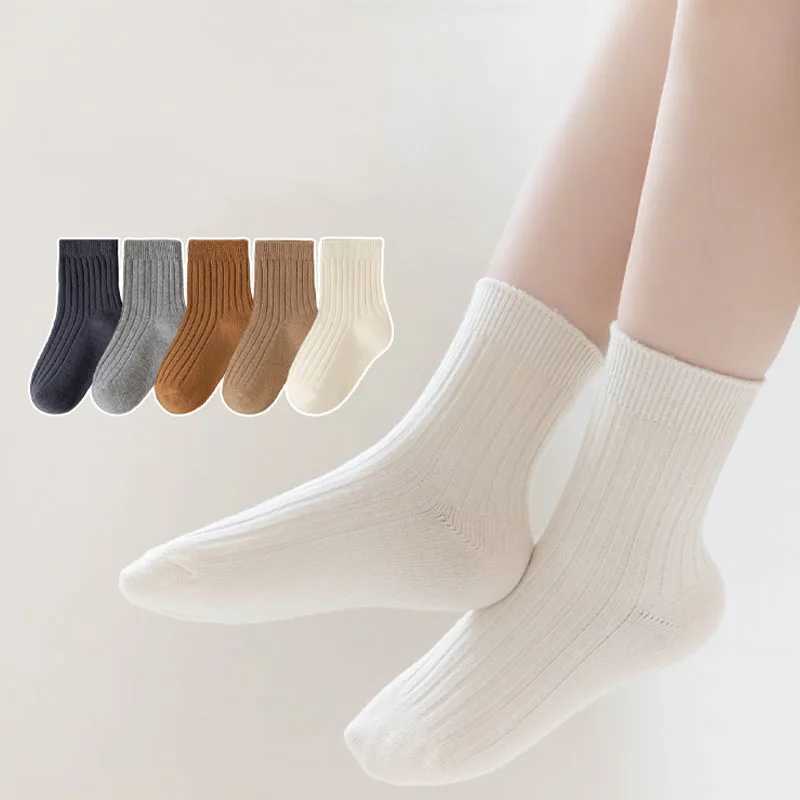 5 Pairs/Lot ChildrenS Socks Set Solid Color Double Needle Cotton Kids Mid-Tube Socks Candy Color Boys And Girls Student Socks CL240824