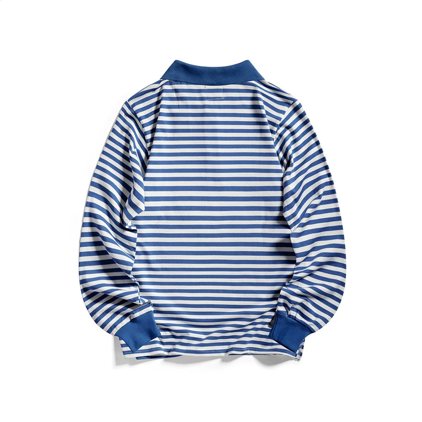 Japanese retro blue striped polo street clothing mens long sleeved Tshirt 80s niche nostalgic paperback 240823