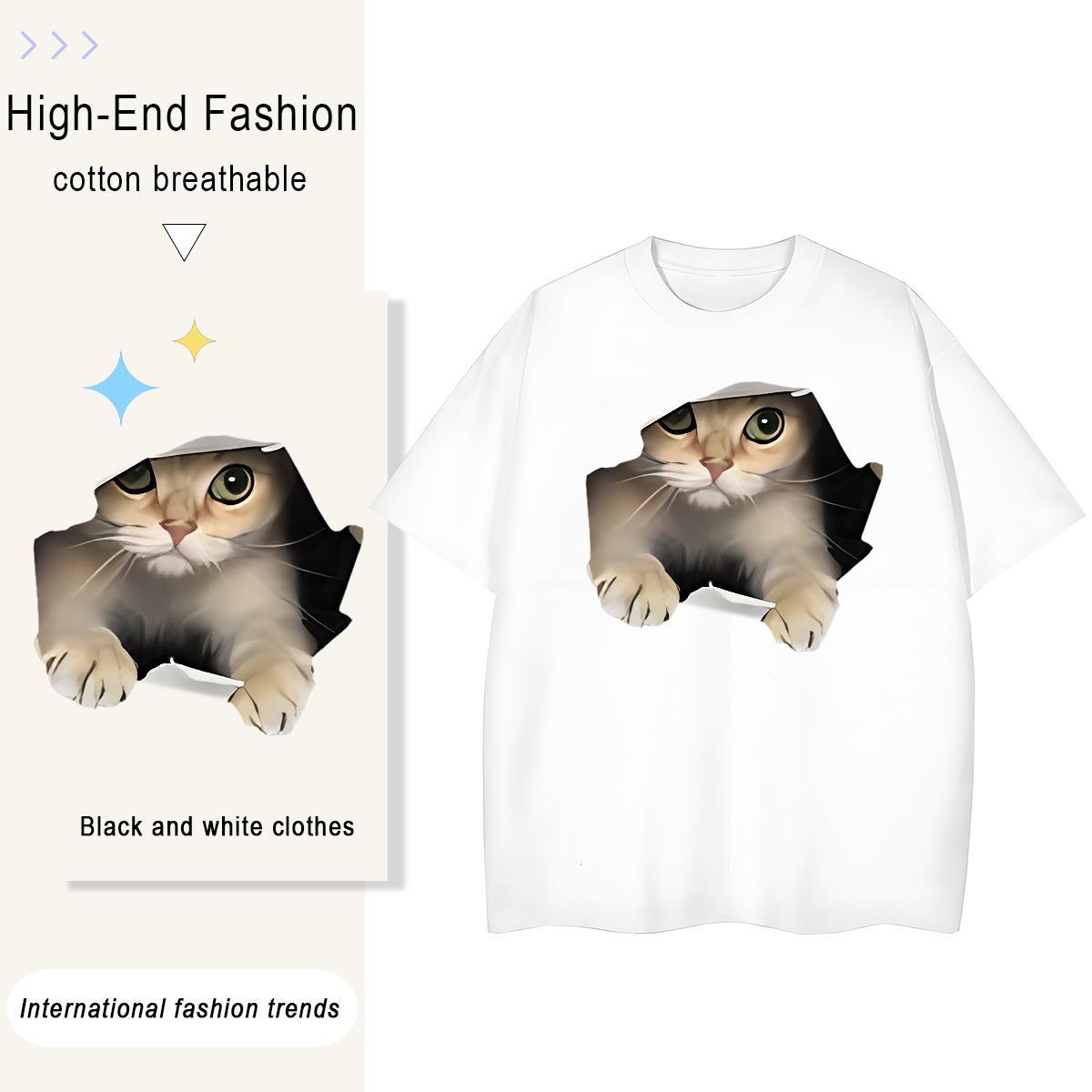 Free Shipping Men Tshirts cat Street Casual 230g Cotton Tees Shirts Breathable Short Sleeve Classic T-Shirts DIY Anime