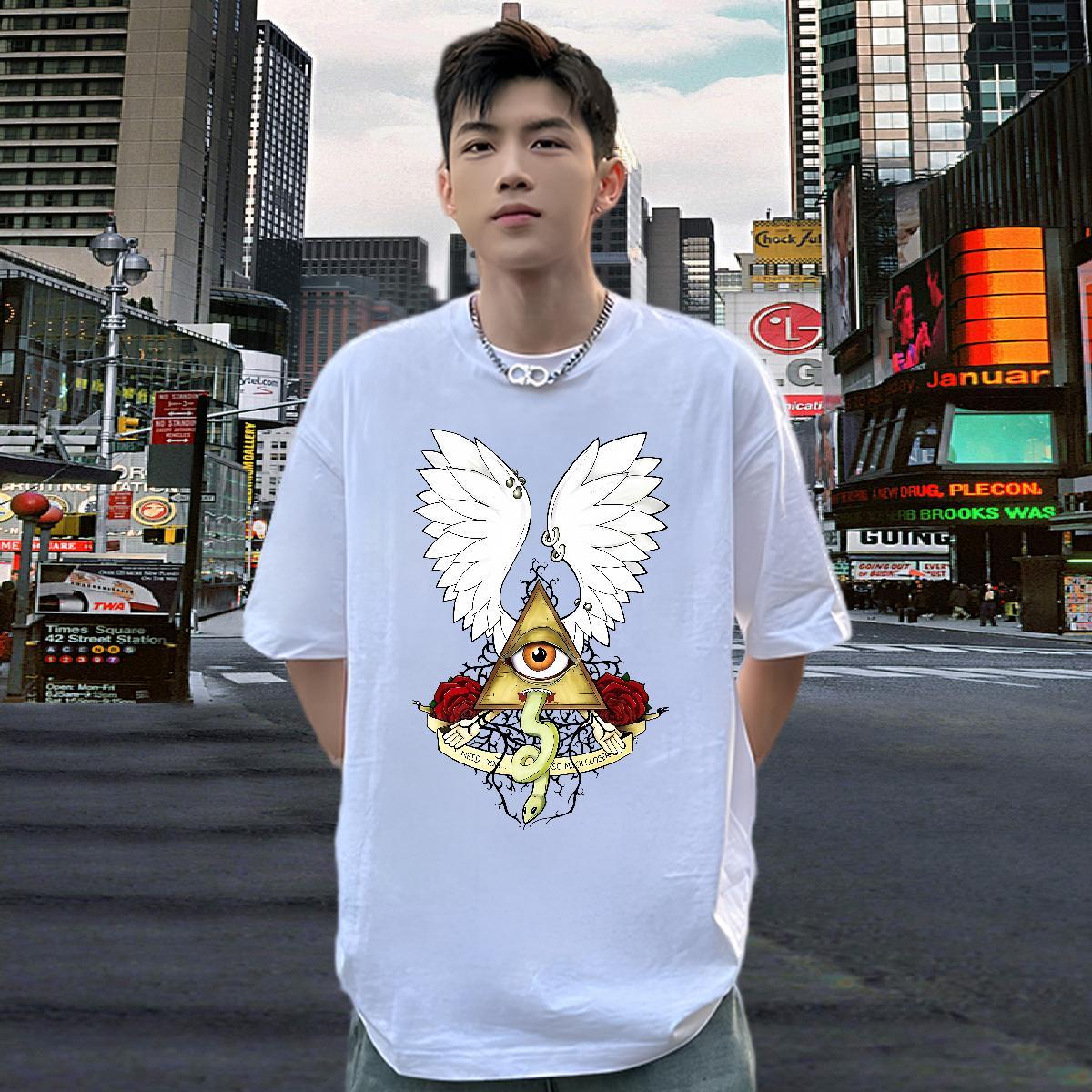 Loose Fit T Shirts Men 230g 100% Cotton eye of the devil Anime Printing Street Oversized 4XL O-Neck Short Sleeve Tshirts Customized Tops Shirt
