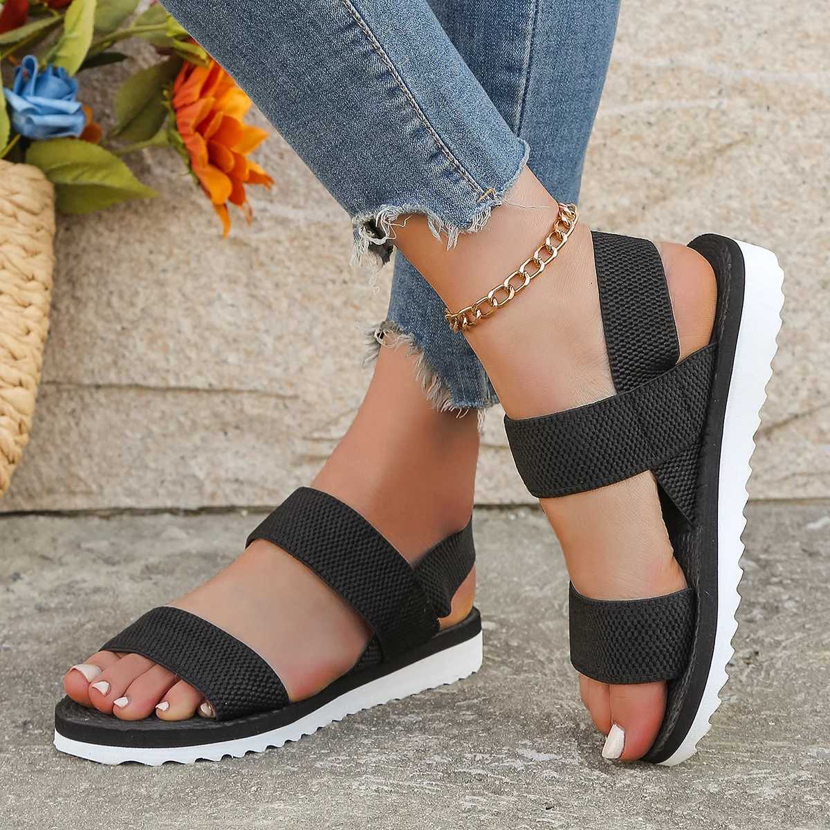 New Arrival Womens fashion trend anti-slip wear comfortable matching color sole pure black shoelace flat sandals T250217