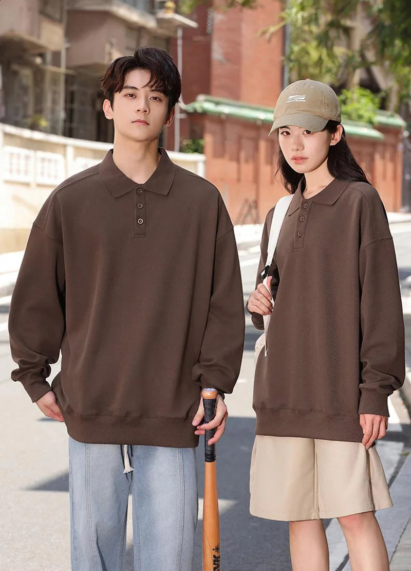 Long Sleeve Buttons Polo Shirt Solid Color American and European Size Loose Pattern Sweatshirt Polo Collar Jumpers Rib Cuff Tops 240824
