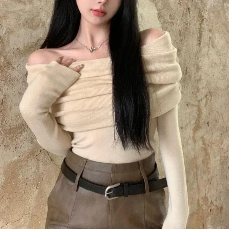 Slash Neck Sweater Off Shoulder Knitwear Jumper Korean Fashion Women Slim Sexy Y2k Autumn Winter Clothing Pink Black Apricot 240824