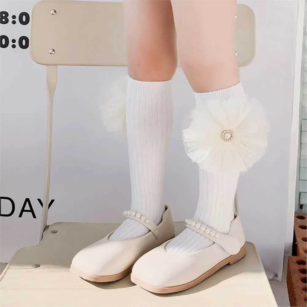 Girls socks pearl big bowknot sweet princess calf sock kids baby combed cotton sokken toddler infant knee high stocking CL240824