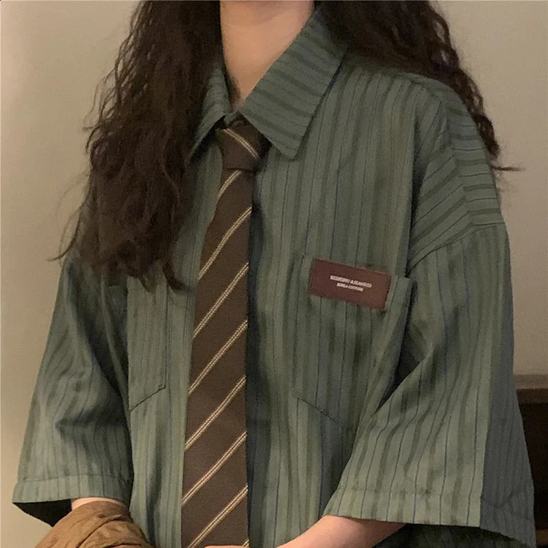 Zoki Vintage Striped Women with Tie Blouses Harajuku Oversized Loose Preppy Tops Japanese Summer Fashion Long Sleeve Shirts 240823