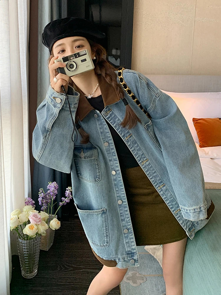 LANMREM Patchwork Denim Jacket Women Lapel Single Breasted Loose Oversized Coats Female Fashion Clothing Spring 2DA3708 240823