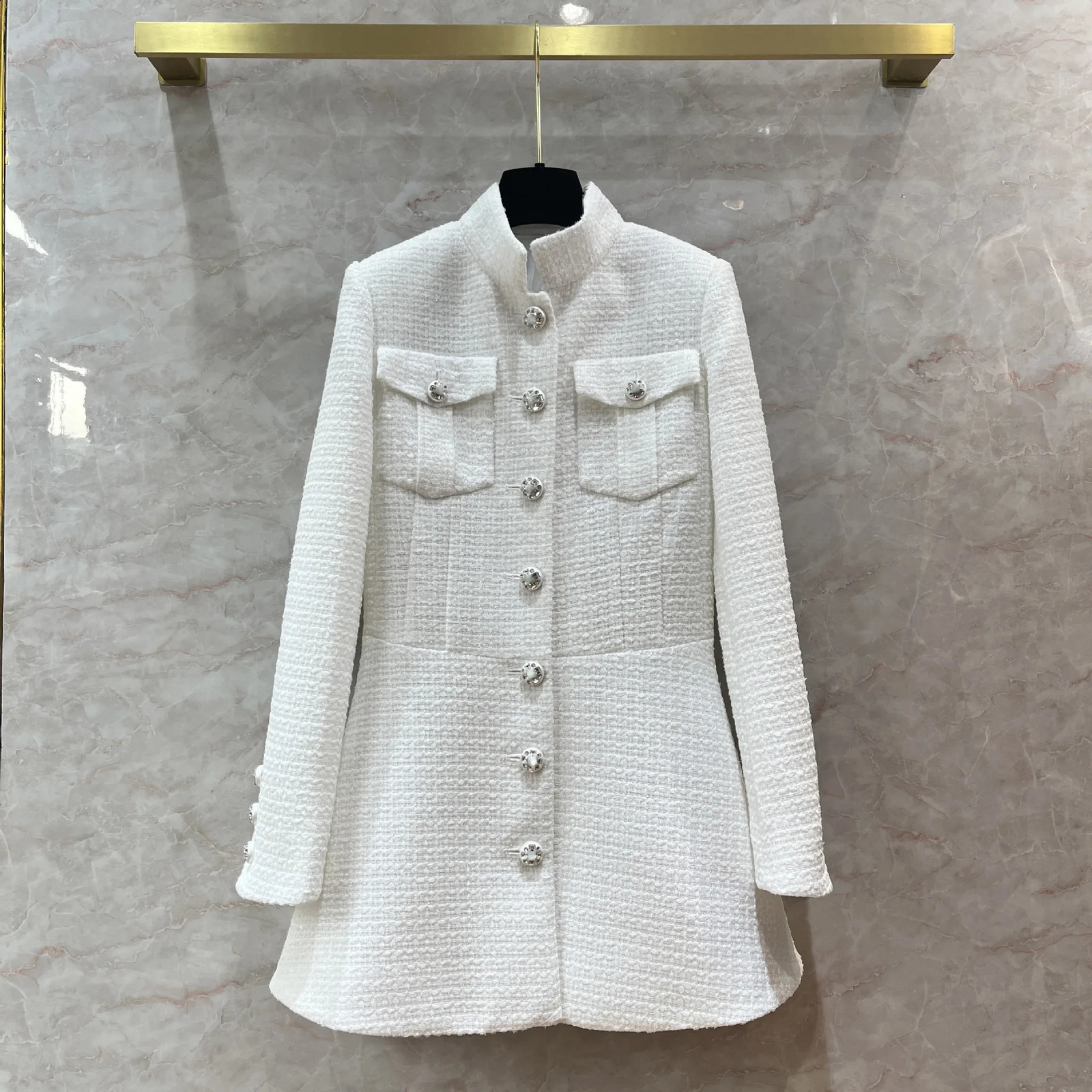 Top End Women Fashion Tweed Stand Collar Long Sleeve High Waist Slim Short Dress Elegant Lady Single Breasted White A-line Dress 240824