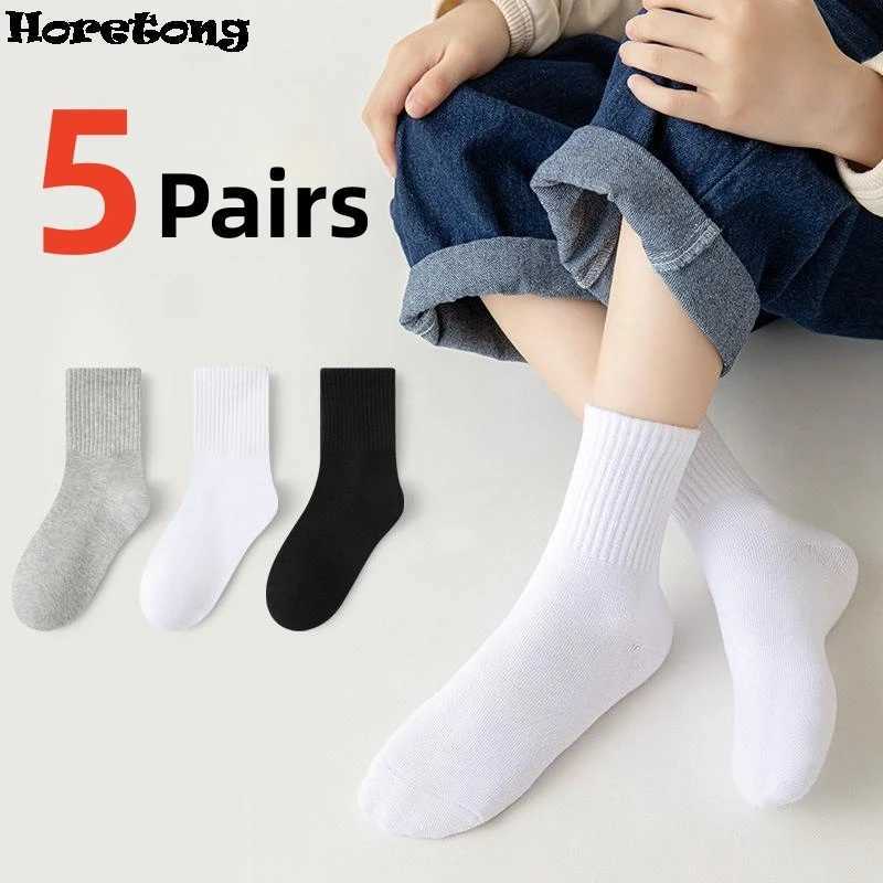 Horetong 5 Pairs Pure Cotton Soft Student Socks Breathable Absorbing Sweat Sport Socks Boys Girls Middle Tube Sock For 3-13 Year CL240824