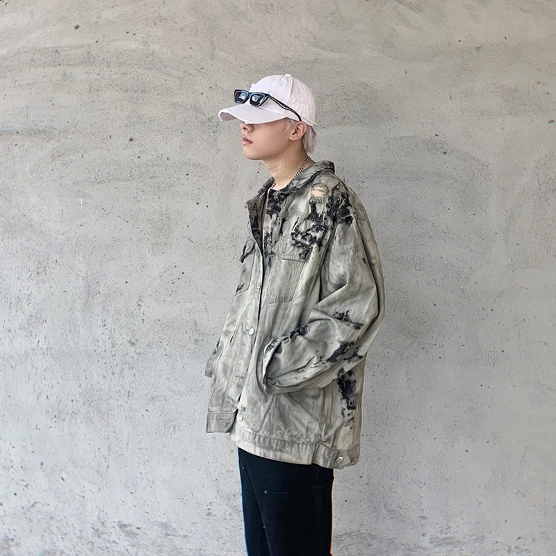 Men Streetwear Vintage Denim Jacket Tie Dyed Washed Distressed Pocket Jacket Jeans Harajuku Loose Bomber Jacket Coat Cotton 240823