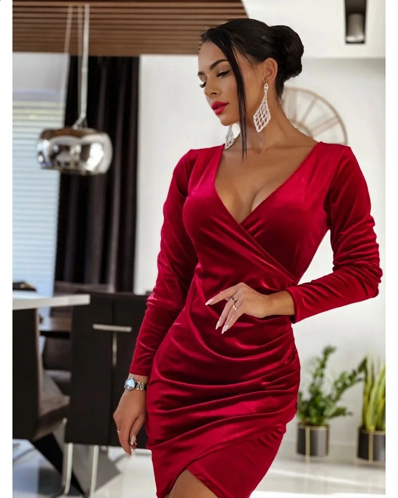 Deep V Neck Long Sleeve Ruched Wrap Dress Casual Slim Cocktail Evening Dresses Red 240823