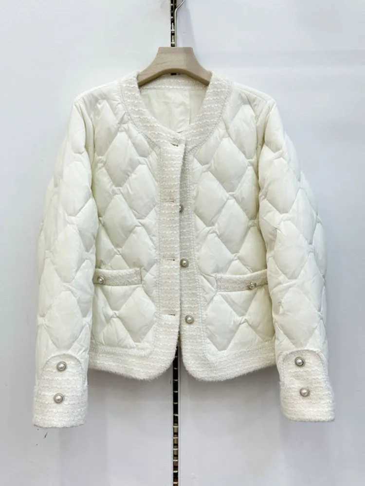 Women's Down Parkas Women Down Jacket 2024 Winter Long Slve Round Neck Loose Thick Coat Elegant Advanced Black White Warm Outwear Tops Y240824USQ