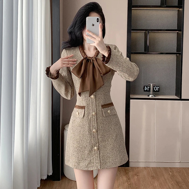 Autumn Fashion Women Tweed Dress Long Sleeve short vestidos de fiestas elegante mujer robes evening dress elegante 240824