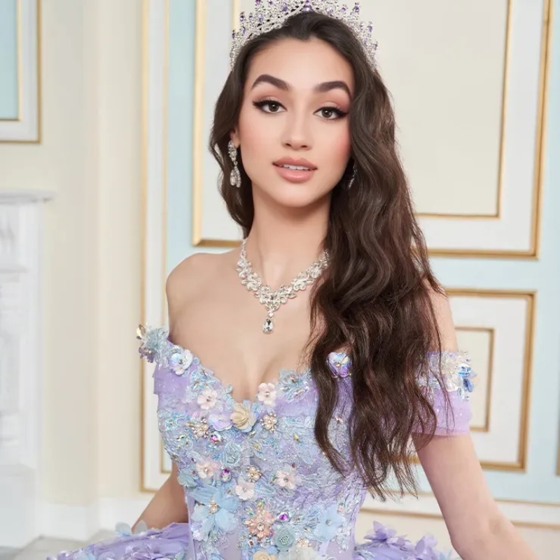 Lavender Mexican Quinceanera Dresses Off The Shoulder Applique Lace wer Beads Tull vestido 15 De Corset Birthday Party Sweet 16 Dress