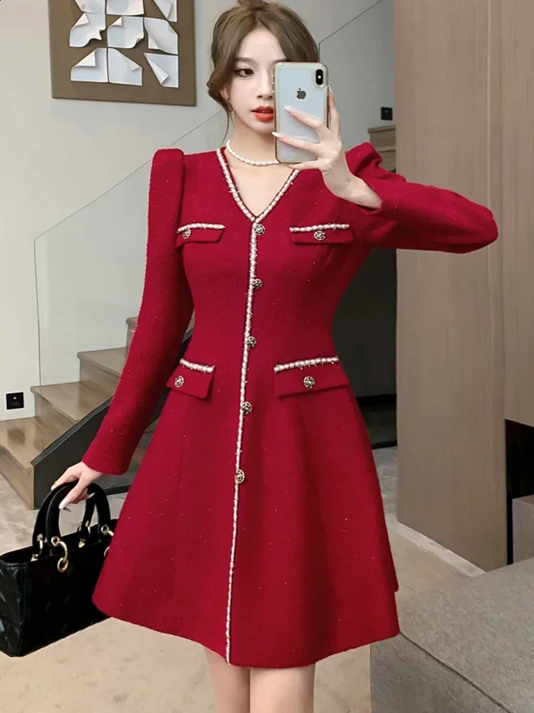 High Quality Red Tweed Dress Women Elegant V-neck Puff Long Sleeve Vintage Woolen Evening Party Dresses Christmas Vestidos 240824