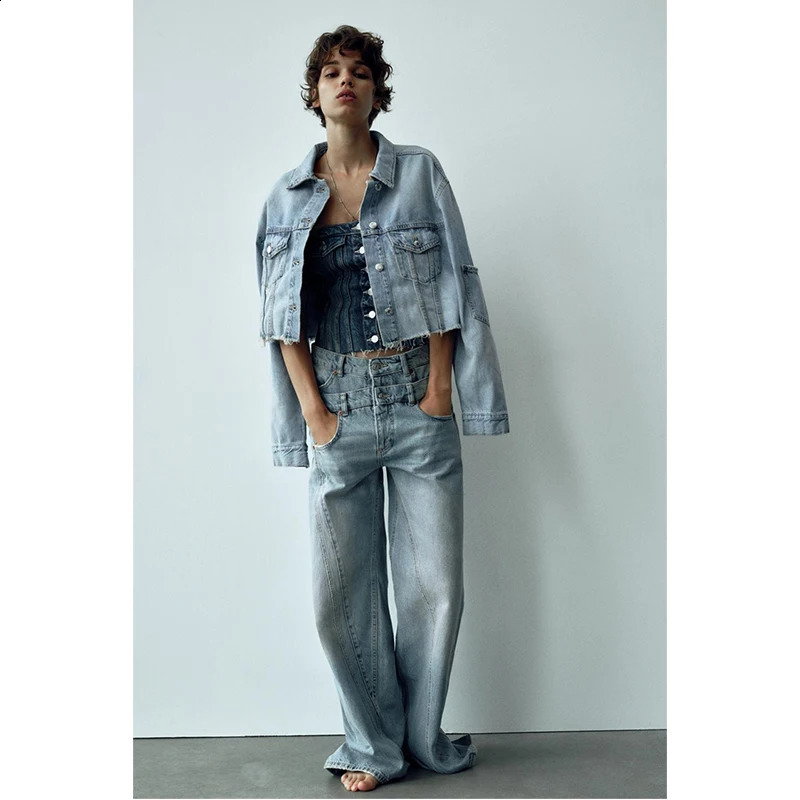 High waisted retro blue womens jeans with spliced work wide leg pants casual bag from culture denim 240823