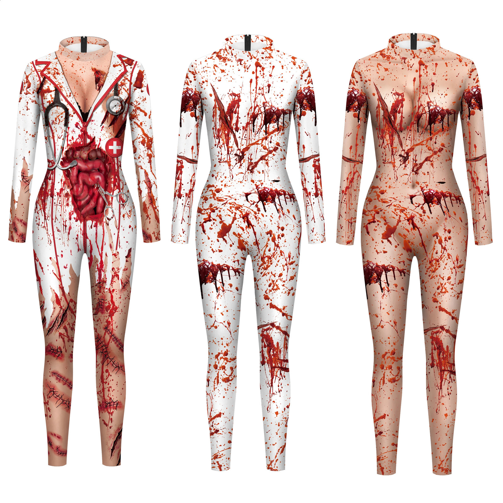 Halloween female cosplay terrifying blood scar printed nurse uniform sexy slim tight fitting Zenti party costume 240823