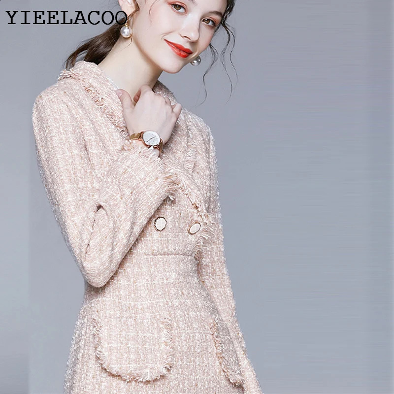 Pink tweed dress spring / autumn womens dress tassel Long sleeved ladies slim bottoming dress one-piece 240824