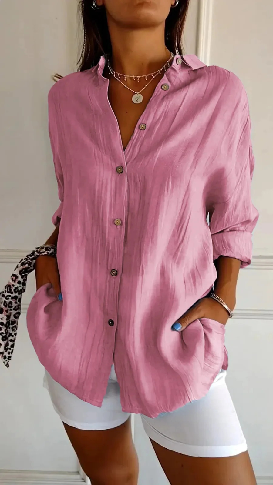 Autumn womens solid color shirt fashion item lapel single breasted pleated long sleeved comfortable casual shirt 240823
