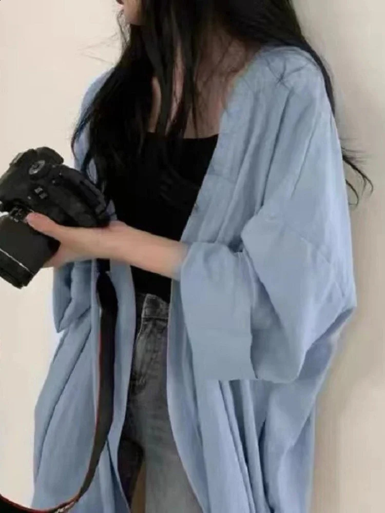 Summer Korean Style Womens Long Sleeve Cardigan Shirt with Sun Protection Loose Solid Color Thin Breathable Casual Jacket 240823