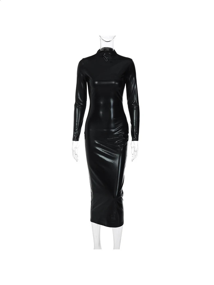 Sexy Hipster O-neck PU Leather Dress Women Fashion Streetwear Long Sleeve Party Dresses Woman Bodycon Birthday Dress Female Robe 240823