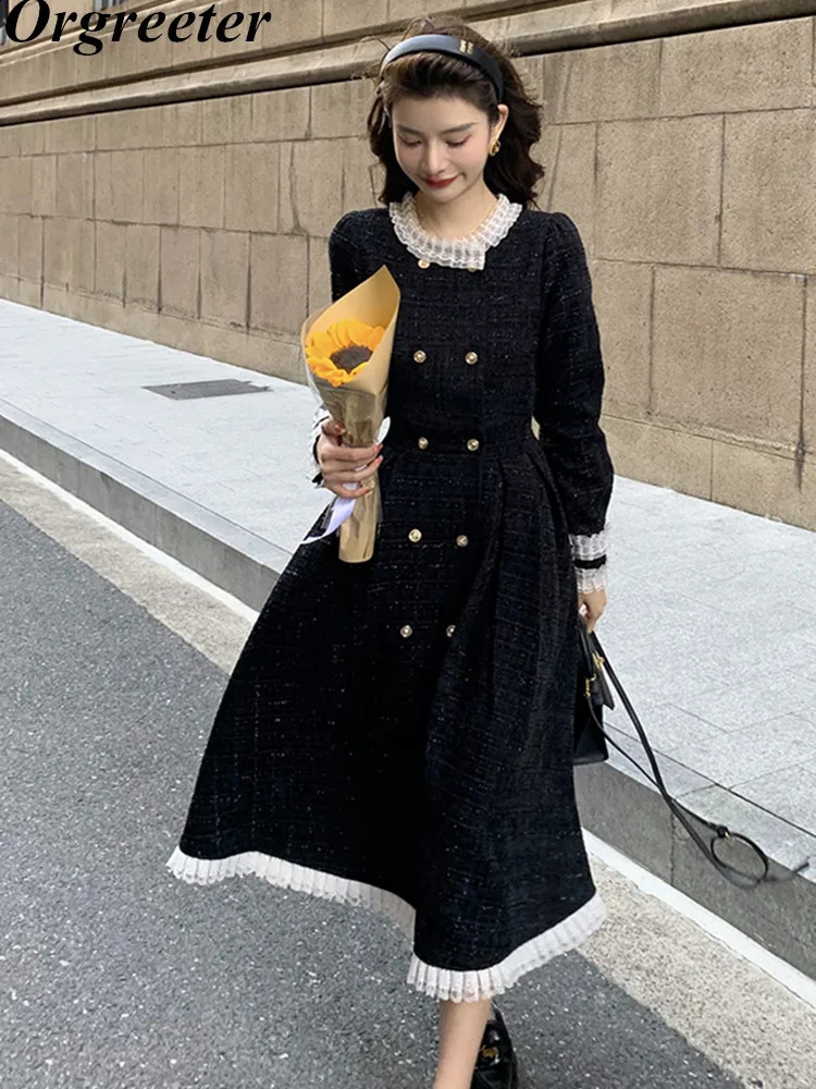 French Vintage Black Tweed Long Dress Womens O-neck Long Sleeve Ruffles Lace Trim Thick Woolen Autumn Winter Stylish Clothing 240824
