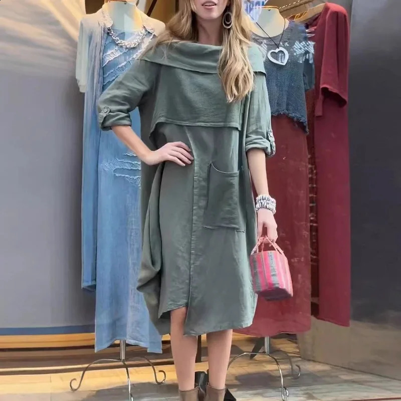 Retro Casual Large Pocket Cotton Linen Dresses Women Fall Scarf Collar Solid Long Dress Winter Long Sleeve Female Pullover Dress 240824