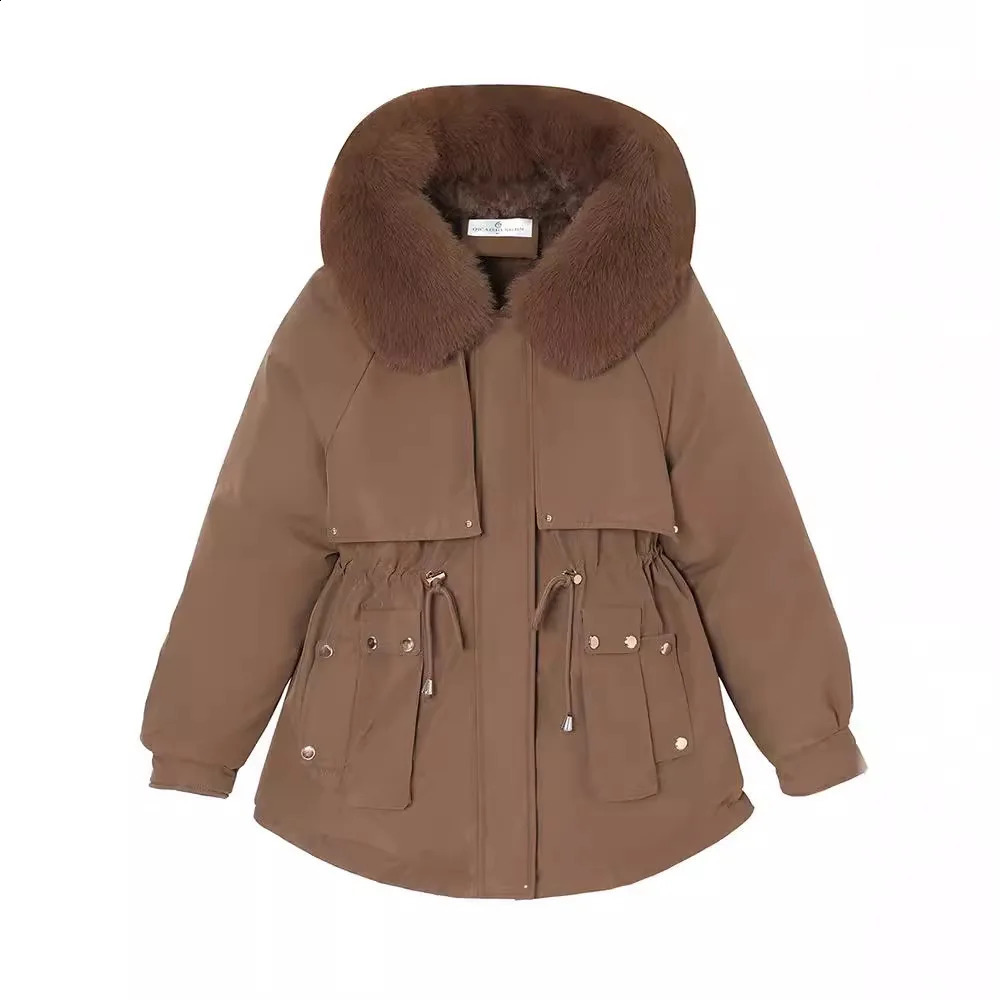 YJKDYK Winter Womens Apron Jacket Fur Collar Warm Parkes Coat Top Drawstring Waist Bordered Cotton 240823