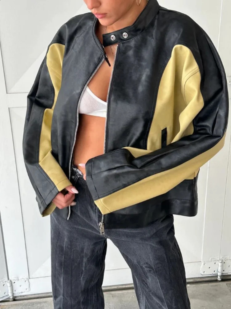 Pu Color Blocked Pocket Button Womens Leather Jacket Casual Long Sleeved Zipper Retro Coats Ladies Fashion Motorcycle Jackets 240823