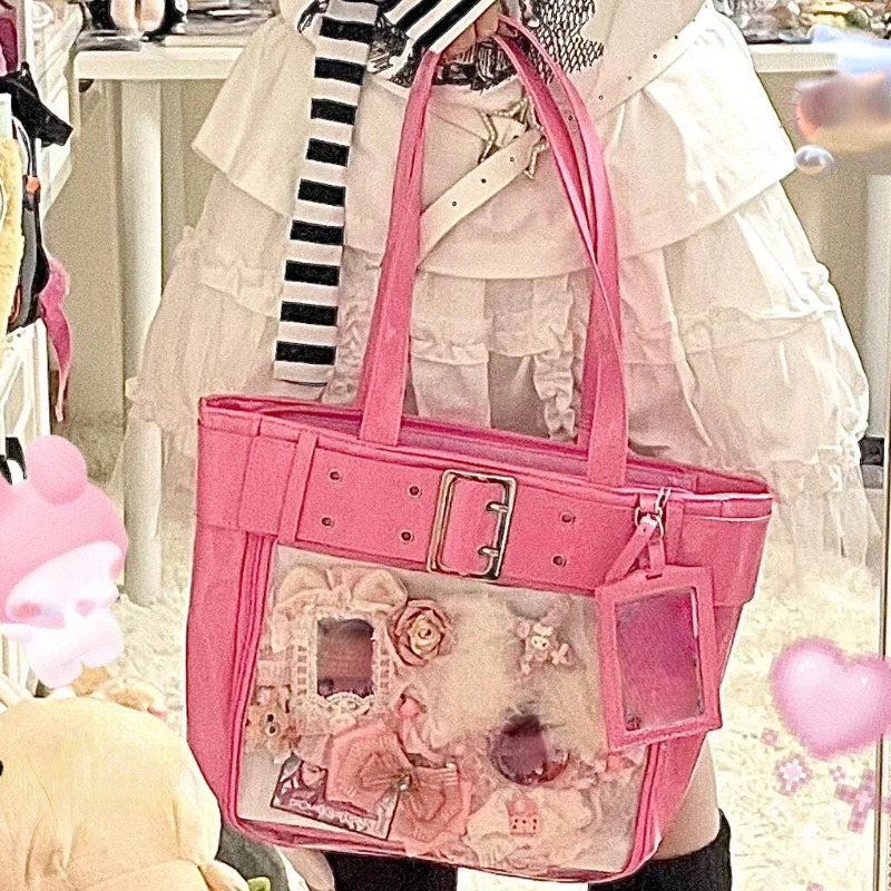 Y2k Aesthetic Punk Belt Transparent Shoulder Handbags Vintage Streetwear Fashion Tote Underarm Bag Trendy All Match Ins Ita Bags 240824