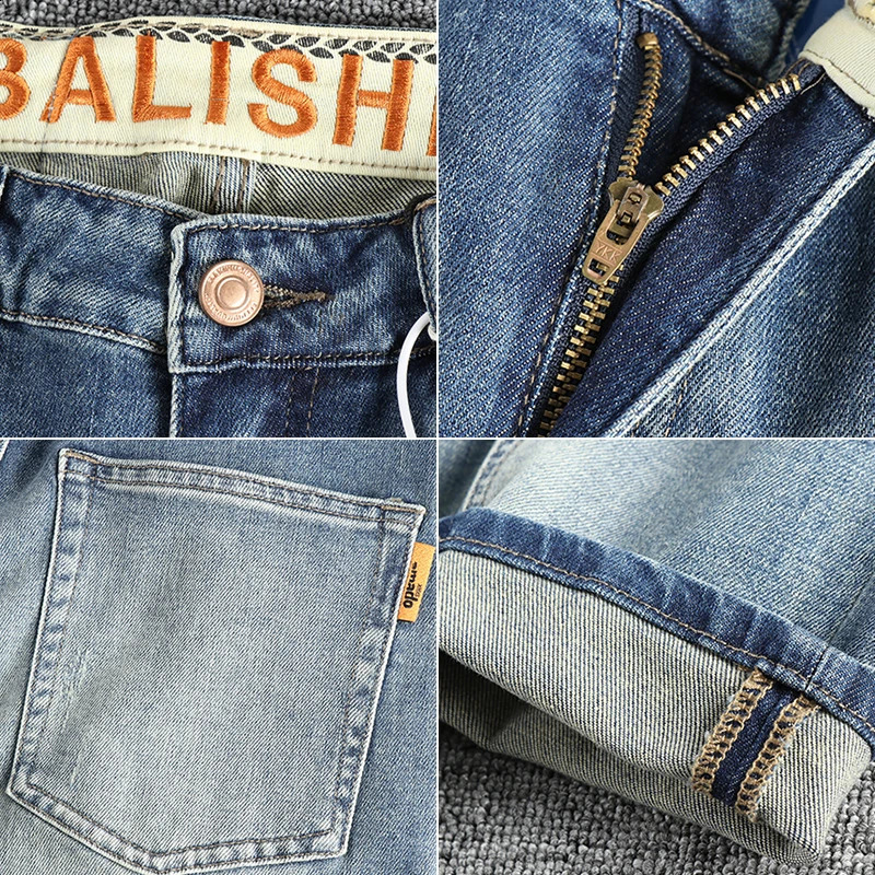 13oz Embroidery Light Blue Washed Denim Jeans for Men Spring Fashion Slim Fit Pants Clothes for Youth Male Casual Trousers 240823