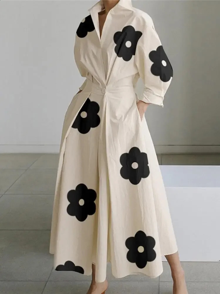 Krisnana Womens Fashion Floral Printed Lapel Elegant Party Evening Dress Spring Long Sleeve Pleated Casual A-Line Midi Dresses 240824