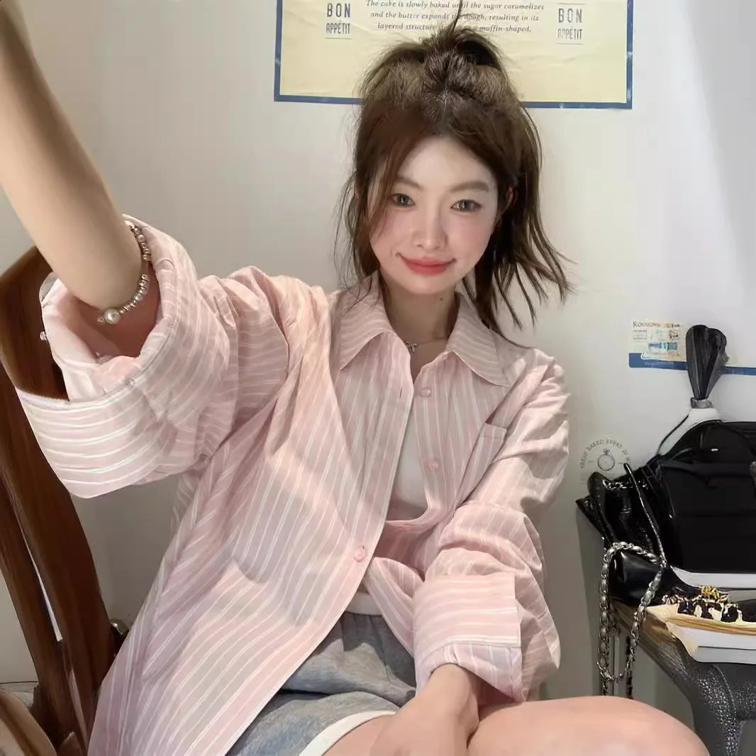 Sweet Pink Stripe Mid-Length Shirts Women Spring/Summer Korean Series Chic Loose Long sleeve Sun Protection Top 240823