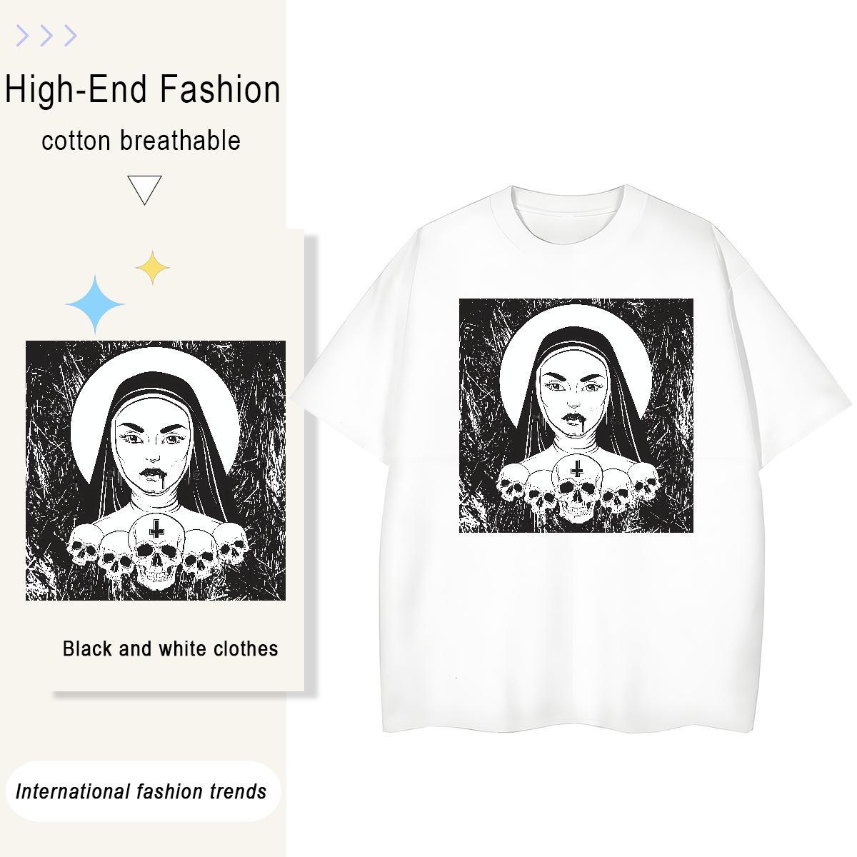 Unisex Women Tees 100% Cotton 230g nun Street Casual T shirt Breathable Short Sleeve Cartoon Print Tees Shirts