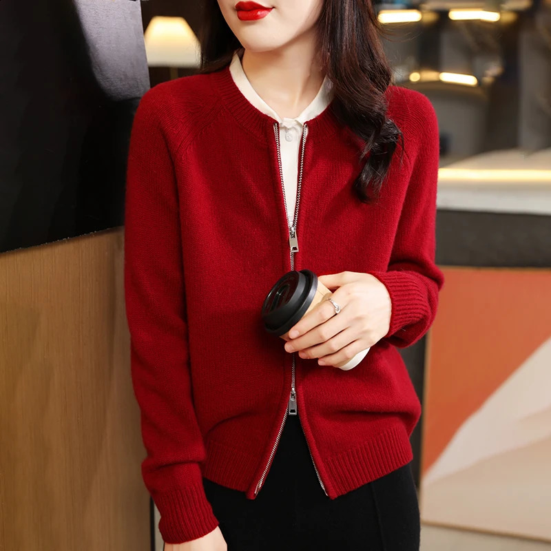 Womens cardigan autumn/winter casual knitwear 100% pure wool round neck jacket fit Tops Japanese/Korean style zipper Blouse 240824