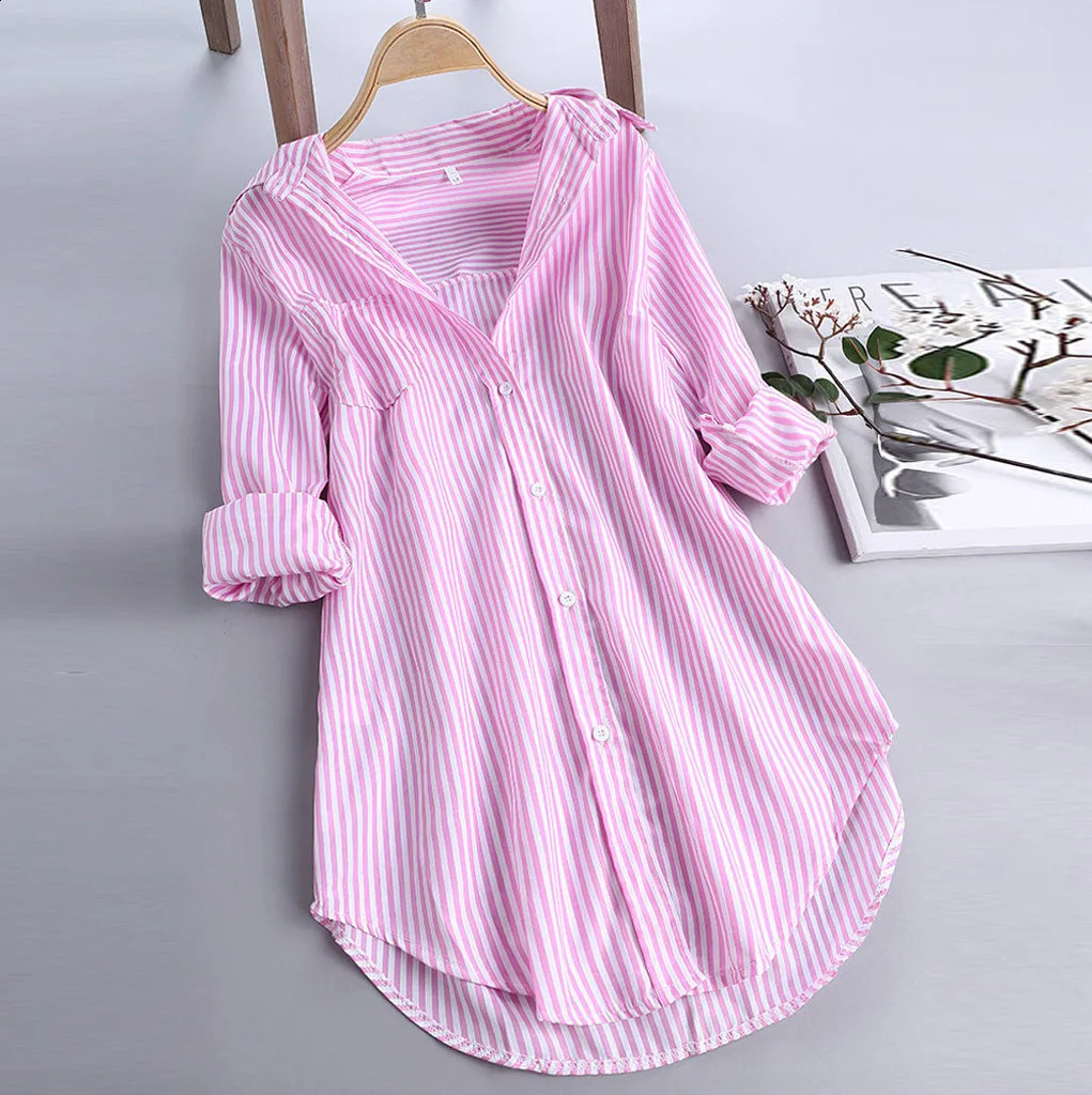 Classic Basic Striped Shirt Ladies Shirt Spring Summer Casual Versatile Long Sleeve Shirt Fashion Lapel Large Size Loose Shirt 240823