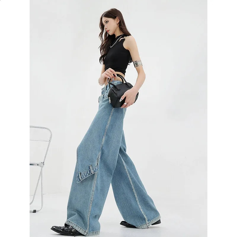 Womens blue Y2k low rise patch work denim bag Harajuku Trouser jeans retro 90s aesthetics 2000s clothing 240823