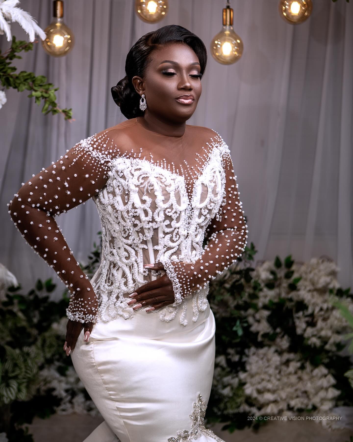 African Aso Ebi 2024 Luxurious Ivory Mermaid Wedding Dress Satin Lace Rhinestones Pearls Full Sleeves Elegant Bridal Gowns Dresses ZJ219
