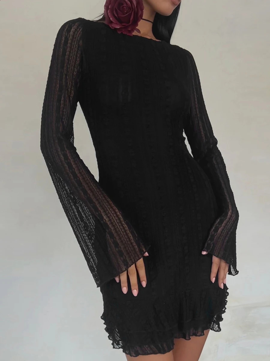 Fashion Vintage Women Long Sleeve Open Back Lettuce Trim Solid Color Short Dress Lace Mini Dress Sexy Clubwear vestidos 240823