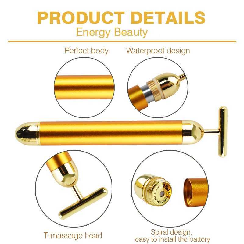 24k Gold Facial Wrinkle Lift Bar T-shaped Slimming Face Care Vibration Beauty Equipment Thin Facial Roller Massager Energy Bar CL240824