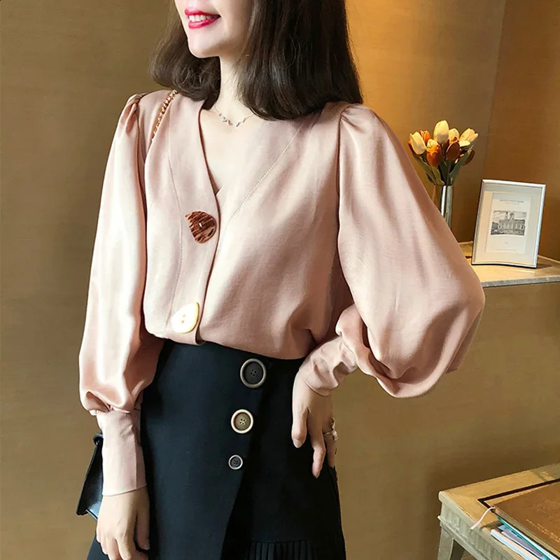 camisas y blusas Elegant V-neck Long Lantern Sleeve Womens Shirt Casual Loose Chiffon Blouses Office Lady Button Tops chemise 240823