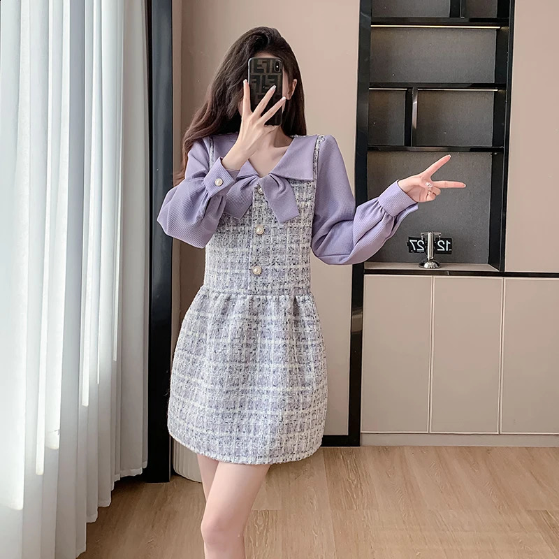 Purple Tweed Dress Women Small Fragrance Patchwork Long Sleeve High End A-line Mini Dresses Elegant Vestidos French Style 240824