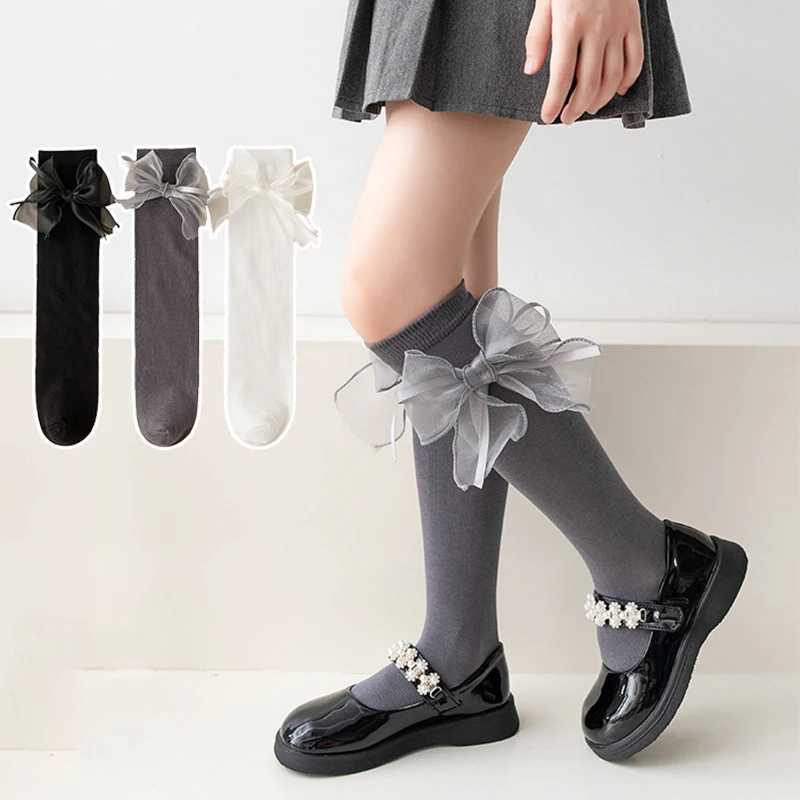 Ribbon Big Bow Knee High Socks For Kids Solid Color Cotton Long Socks Sweet Girls Stockings CL240824