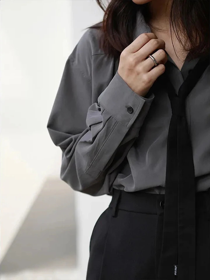 Summer Elegant Long Sleeve Shirt Women Korean Solid Tie Chic Button Blouse Loose Harajuku All Match Office Ladies Simple Tops 240823